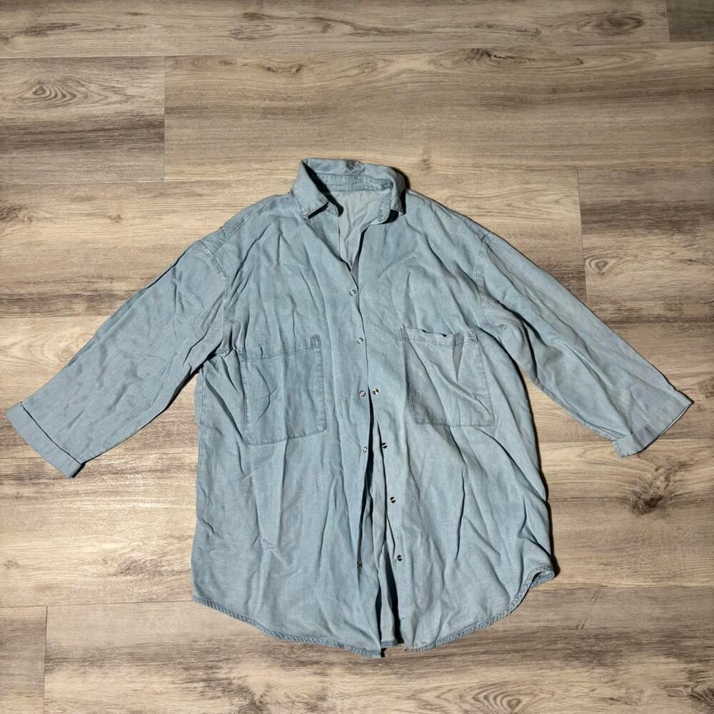 Oversized Blue Denim Look Shirt Relaxed Fit Casual Button Up Top